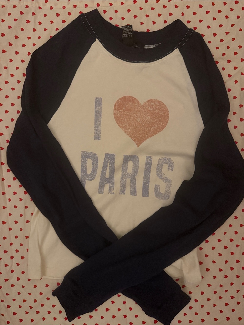 I Heart Paris Raglan Tee - Navy Sleeves, White Body, red heart